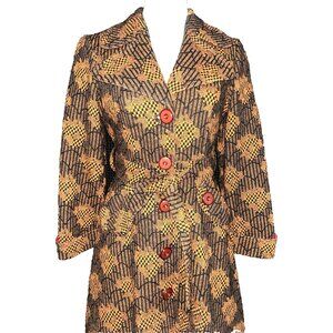 Vintage Mod 60's 70s Vibrant Upholstery Coat Black Orange Pockets Lined Belt EUC